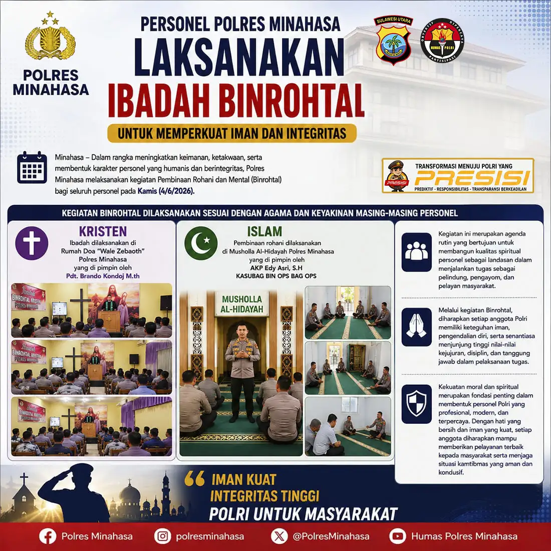 Polres Minahasa Gelar Pembinaan Rohani dan Mental untuk Tingkatkan Integritas dan Profesionalisme Personel